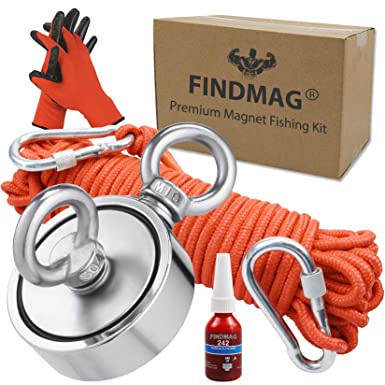 FINDMAG Double Sided Magnet Fishing Kit with Rope, Fishing Magnets 1000 lbs Pulling Force Magnet Fishing Kit for Retrieving Items in River, Lake, Beach, Lawn, 2.95" Diameter