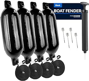 Five Oceans Inflatable Ribbed Boat Fender Bumper | 3/8 inches Lines with Integrated Needle Valve and 4 Needles | 4-Pack