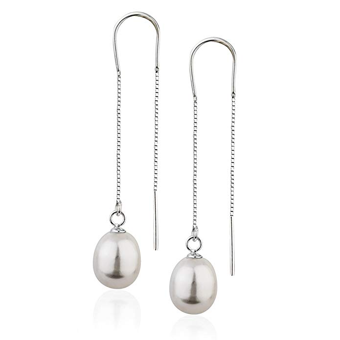 925 Sterling Silver White Cultured Freshwater Pearl Bead Dangle Earrings Threader Chain,16 x 60 mm