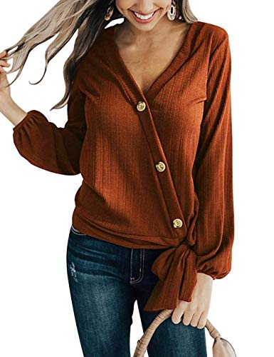 MEROKEETY Women's Long Sleeve V Neck Tie Knot Front Button Chiffon Shirt Blouse Tops