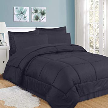 Sweet Home Collection 8 Piece Comforter Set Bag with Checkered Design, Bed Sheets, 2 Pillowcases, 2 Shams Down Alternative All Season Warmth, Queen, Navy