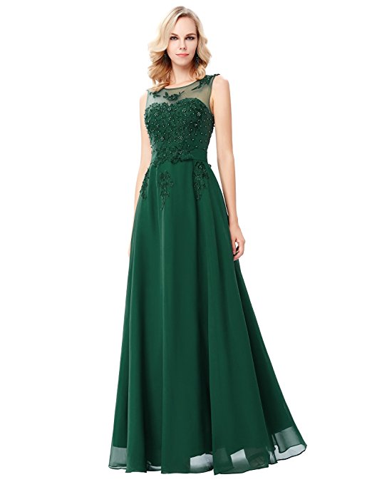 GRACE KARIN Chiffon V Back Evening Dresses Prom Gown with Beads Appliques