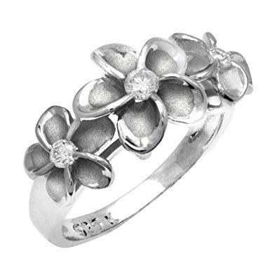 Hawaiian Three Plumeria Ring in Sterling Silver with CZ