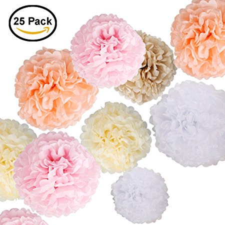 Paper Flowers - Fluffy Tissue Paper Pom Poms - Hanging Flower Ball for Baby Shower Decorations, Wedding Decor, Birthday Party Celebration - 25 Pcs