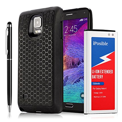 iPosible For Samsung Galaxy Note 4 Extended Battery [7200mAh] With Back Cover & Extended TPU Protective Case (Up to 240% Extra Battery Power) - 24 Month Warranty & Stylus Pen Included