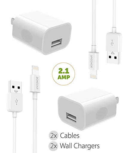 iPhone X Charger iPhone X / 8/8 Plus / 7 Plus / 7 / 6S plus / 6S / 6 / Apple Lightning Cable Kit by Boxgear - { 2 Wall Charger   2 Cable }, Apple MFi Certified USB Cables (White)