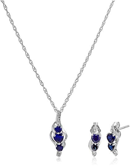 Sterling Silver Created Gemstone and Diamond Accent Heart Earrings and Pendant Necklace Jewelry Set, 18"