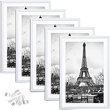 upsimples 12x18 Picture Frame Set of 5,Display Pictures 11x17 with Mat or 12x18 Without Mat,Wall Gallery Photo Frames,White