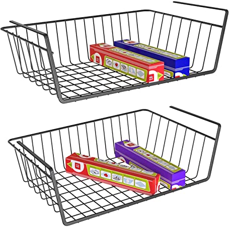 iSPECLE Under Shelf Basket, 2 Pack Wire Rack, Slides Under Shelves for Storage, Easy to Install, Black