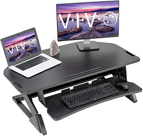 VIVO Black Large Corner Height Adjustable 41 inch Stand up Desk Converter | Sit Stand Tabletop Dual Monitor and Laptop Riser Workstation (DESK-V000LC)