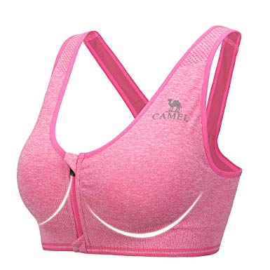 Camel Sports Bras for Women Racerback Wireless Seamless Front Zipper Closure Workout Bra