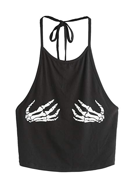 Romwe Women's Human Skeleton Skull Hand Print Self Tie Halter Neck Cami Crop Top