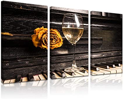 LevvArts - 3 Piece Canvas Wall Art Vintage Rose and Wine on The Piano Pictures for Wall Music Artwork Wall Decor for Living Room Gallery Wrap Ready to Hang,16x32inchx3pcs