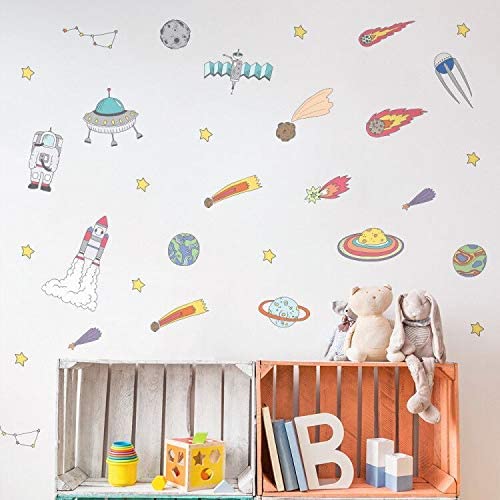 DIY Cartoon Decor Wall Stickers Space Astronaut Multicolor Children's Room Bedroom Nursery Background Layout Home Decoration Stickers A5（5.8x8.2inch）x 12sheets (Space Universe 133)