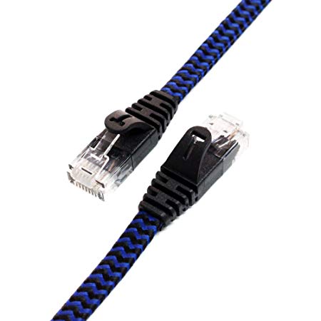Tera Grand - 6 ft CAT6 10 Gigabit Ethernet Ultra Flat Braided Network Cable, Black / Blue, Computer Internet LAN Cable with Snagless RJ45 Connectors (6 Feet)