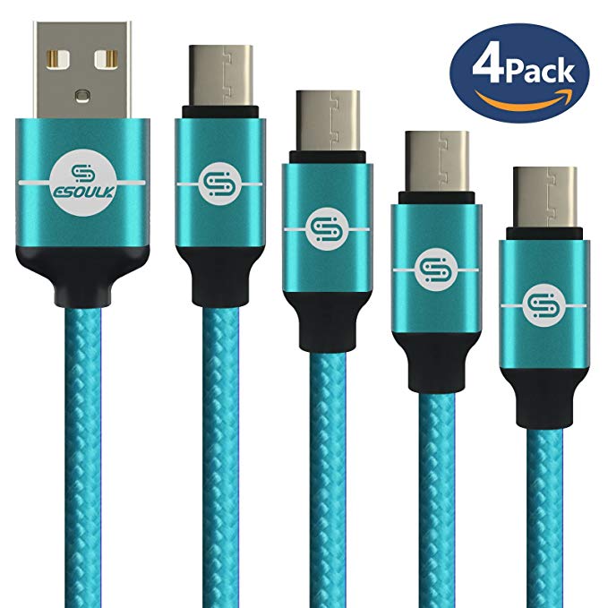 Esoulk USB 2.0 Type C Cable[5ft 4-Pack] USB C to USB A Hi-Speed Nylon Braided Cord for Samsung Galaxy S9 S8 Plus Note 8,New MacBook,Nexus 6P 5X,LG G6 G5 V30 OnePlus 5 3T,Nintendo Switch(GreenX4)