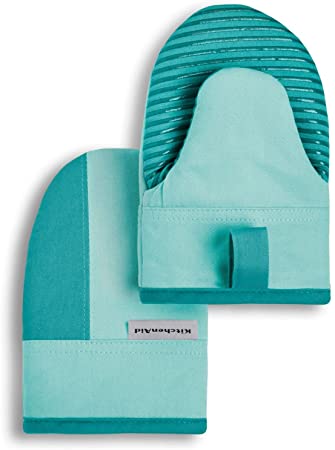 KitchenAid Beacon Two-Tone Mini Oven Mitt Set, 5.5"x8", Aqua Sky