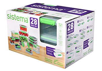 Sistema Multi Piece Food Storage Containers in Assorted Shapes, Set of 28, Clear with Green