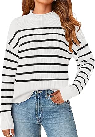 MEROKEETY Women's Fall Long Sleeve Striped Pullover Sweaters 2024 Trendy Turtleneck Casual Knit Tops