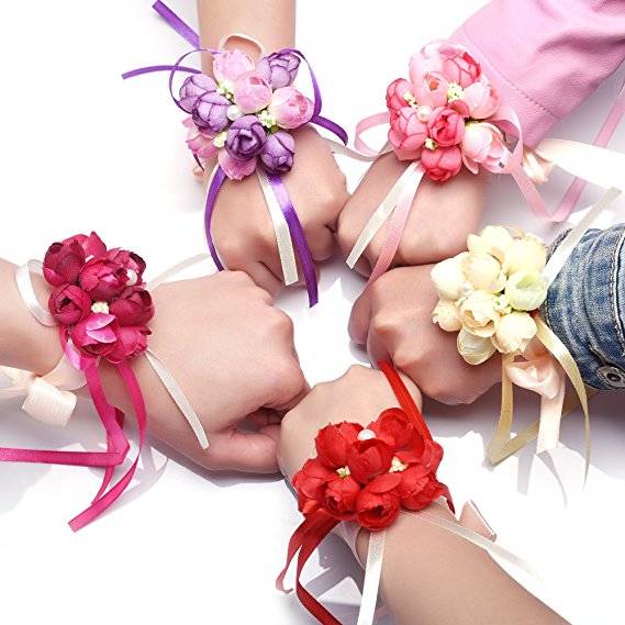 Kloud City 5pcs Wedding Bride Girl Bridesmaid Floral Hand Wrist Corsage Adjustable Ribbon Rose Bracelets Ceremony Party Prom Flower Decor