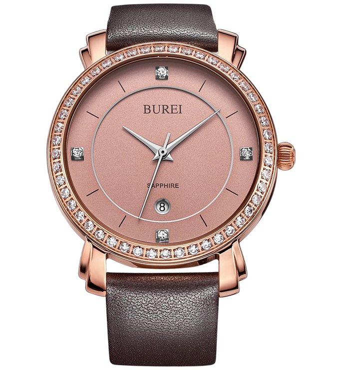 BUREI Womens BL-3016-07KZ Elegant Date Rose Gold Quartz Watch with Brown Genuine Leather Band