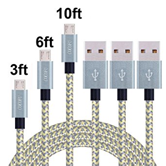 Micro USB Cable, COCOFU 3FT 6FT 10FT Extra Long Nylon Braided Universal Micro USB Charger High Speed Sync&Charge Cord Wire for Android, Samsung, HTC, Motorola, Nokia and More (Gold)