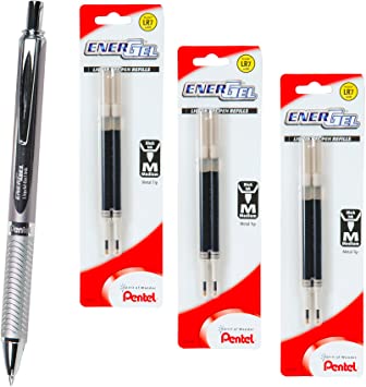 Pentel Energel 0.7 Alloy Rt Bl407 Black Gel Ink Pen with 3 Packs of Refills, Silver Barrel, 0.7mm Medium Point,6refills