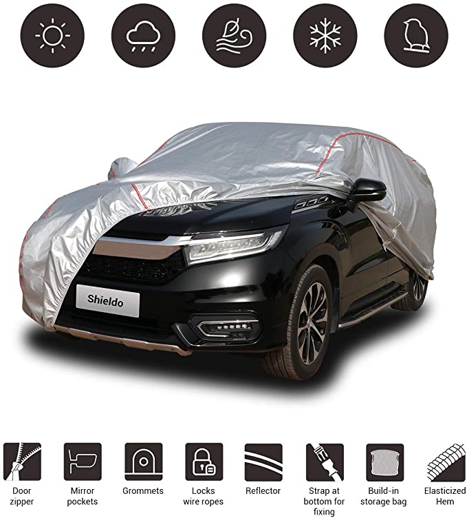 Shieldo Deluxe Car Cover with Build-in Storage Bag Door Zipper Windproof Straps and Buckles 100% Waterproof All Season Weather-Proof Fit 211-220 inches SUV