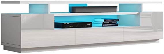 MEBLE FURNITURE & RUGS Eva 77" Modern High Gloss TV Stand with 16 Color LEDs (White)