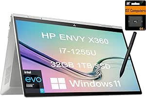 HP Envy X360 15 15t 2-in-1 Touchscreen (Intel 12th Gen i7-1255U, 32GB RAM, 1TB SSD, Active Stylus) 15.6" FHD IPS Laptop, Long battery life, Backlit KB, Thunderbolt 4, IST SD Card, Win 11 Home