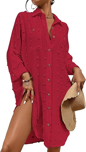 Bsubseach Women Swimsuit Coverup Blouse Button Down Shirt Dresses Swiss Dot Tops