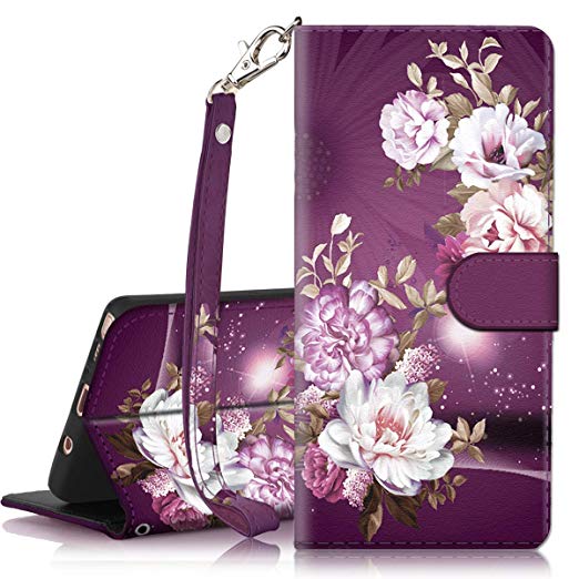 Galaxy Note 9 Case, Hocase PU Leather Full Body Protective Case with Credit Card Holders, Wrist Strap, Magnetic Closure for Samsung Galaxy Note 9 (2018) SM-N960 - Royal Purple/White Flowers