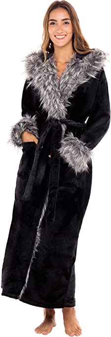 Alexander Del Rossa Women's Warm Fleece Robe with Hood, Long Faux Fur Plush Bathrobe