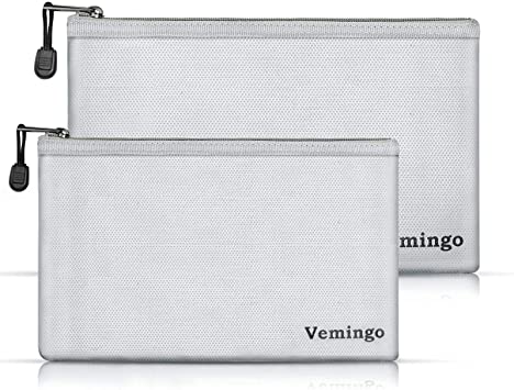 Upgraded Fireproof Document Bag 2 Pack, Vemingo Waterproof Fireproof Safe Storage Pouch for Money Cash, Document Files, Jewelry，Gray