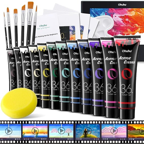 Ohuhu Acrylic Paint Set for Kids -18 Page Pad & Online Video Tutorial Series for Beginners: 6 Brushes 3 Canvases 1 Sponge and 12 Vivid Colors Acrylic Painting, 36ml Acrylic Paints Kit for Rock, Ceramic, Wood, Fabric, Gift for Christmas