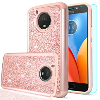Moto E4 Plus Glitter Case (USA Version) with HD Screen Protector,LeYi Bling Girls Women [PC Silicone Leather] Heavy Duty Protective Phone Case for Motorola Moto E Plus (4th Generation) TP Rose Gold