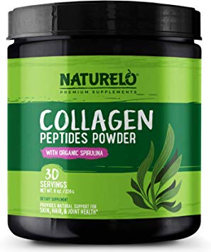 NATURELO Collagen Peptides Powder - Best Supplement for Skin, Hair & Joint Health - Organic Spirulina - 14 Amino Acids - Grass Fed - Hydrolyzed - Digestive Enzymes for Better Absorption - 30 Servings