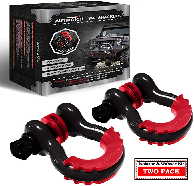 Autmatch Shackles 3/4" D Ring Shackle (2 Pack) 41,887Ibs Break Strength with 7/8" Screw Pin and Shackle Isolator & Washers Kit for Tow Strap Winch Off Road Accessory Vehicle Recovery Black