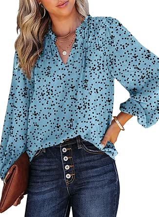 Dokotoo Women's Casual V Neck Alicia Floral Print Smocked Long Sleeve Chiffon Blouses Bohemian Top Shirts