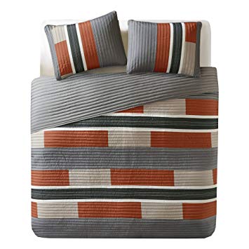 Comfort Spaces Pierre 2 Piece Quilt Coverlet Bedspread All Season Lightweight Hypoallergenic Pipeline Stripe Colorblock Kids Bedding Set, Twin/Twin XL, Gray/Orange