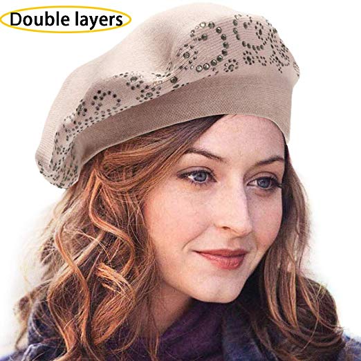 LADYBRO Wool Beret Women Rhinestones 2 Layers Knit French Beret Hats Winter Warm Soft