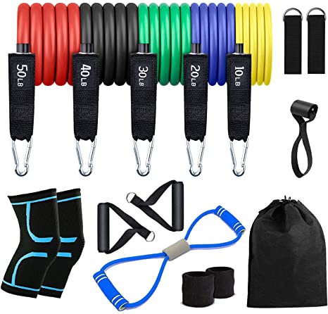 JawaMax Fitness Insanity Resistance Bands Set - 16-Piece Exercise Bands - Portable Home Gym Accessories - Stackable Up to 150 lbs. - Perfect Muscle Builder for Arms, Back, Leg, Chest, Belly, Glutes