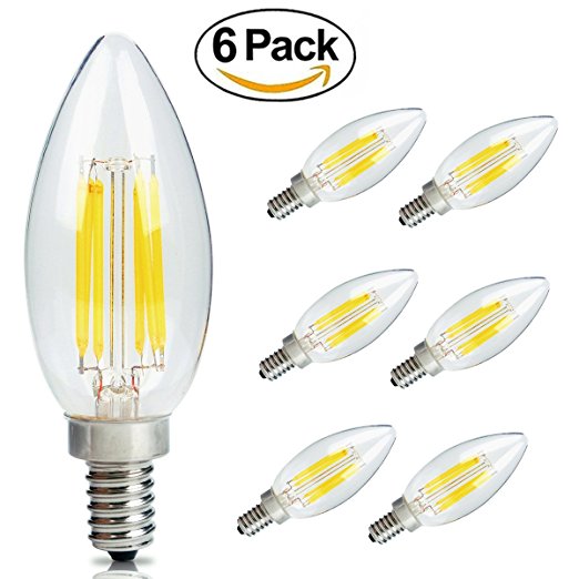 LED Candelabra Bulbs 6W 6000K E12 Base Non Dimmable Filament Chandelier Light Bulbs 60W Equivalent, For Home, Kitchen, Dining Room, Bedroom, Living Room, Daylight White, 6-Pack