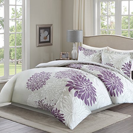 Comfort Spaces – Enya Cover for Duvet Mini Set - 3 Piece – Purple and Grey– Floral Printed Pattern – Full/Queen size, includes 1 Cover for Duvet, 2 Shams