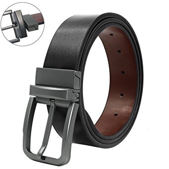 Men's Genuine Leather Dress Belt Reversible with Single Prong Rotated Buckle Gift Box