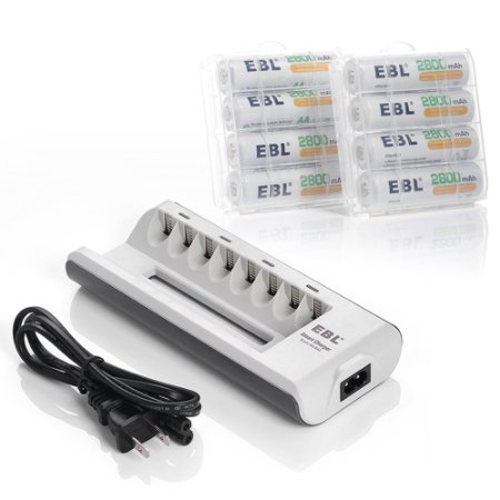 EBL 2800mAh AA Rechargeable Batteries Ni-MH 8 Pack with 8 Bay AA AAA Battery Charger