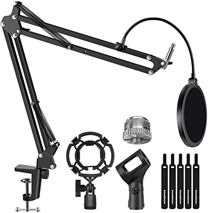 InnoGear Microphone Stand for Blue Yeti Adjustable Suspension Boom Scissor Arm Stand with 3/8"to 5/8" Screw Adapter Shock Mount Windscreen Pop Filter Mic Clip Holder Cable Ties, Medium