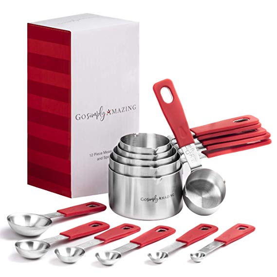 Measuring Cups and Spoons Set by Go Simply Amazing- 12 Piece Nesting Stainless Steel Set with RED Silicone Handles- The Perfect Baking and Cooking Essentials for your Kitchen