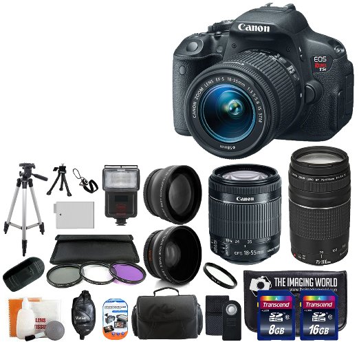 Canon EOS Rebel T5i 18.0 MP CMOS Digital Camera SLR Kit With Canon EF-S 18-55mm IS STM   Canon 75-300mm III Lens   Wide-Angle Lens   Telephoto Lens   8GB and 16GB Card   Card Reader   Case   Battery   Flash   Tripod   Remote   58mm Filter Kit - 24GB Deluxe Accessories Bundle