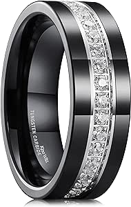 King Will GEM Mens 8mm Black/Silver/Gunmetal/Rose Gold Polished Finish Tungsten Carbide Ring Cubic Zircon Stones Flat Style